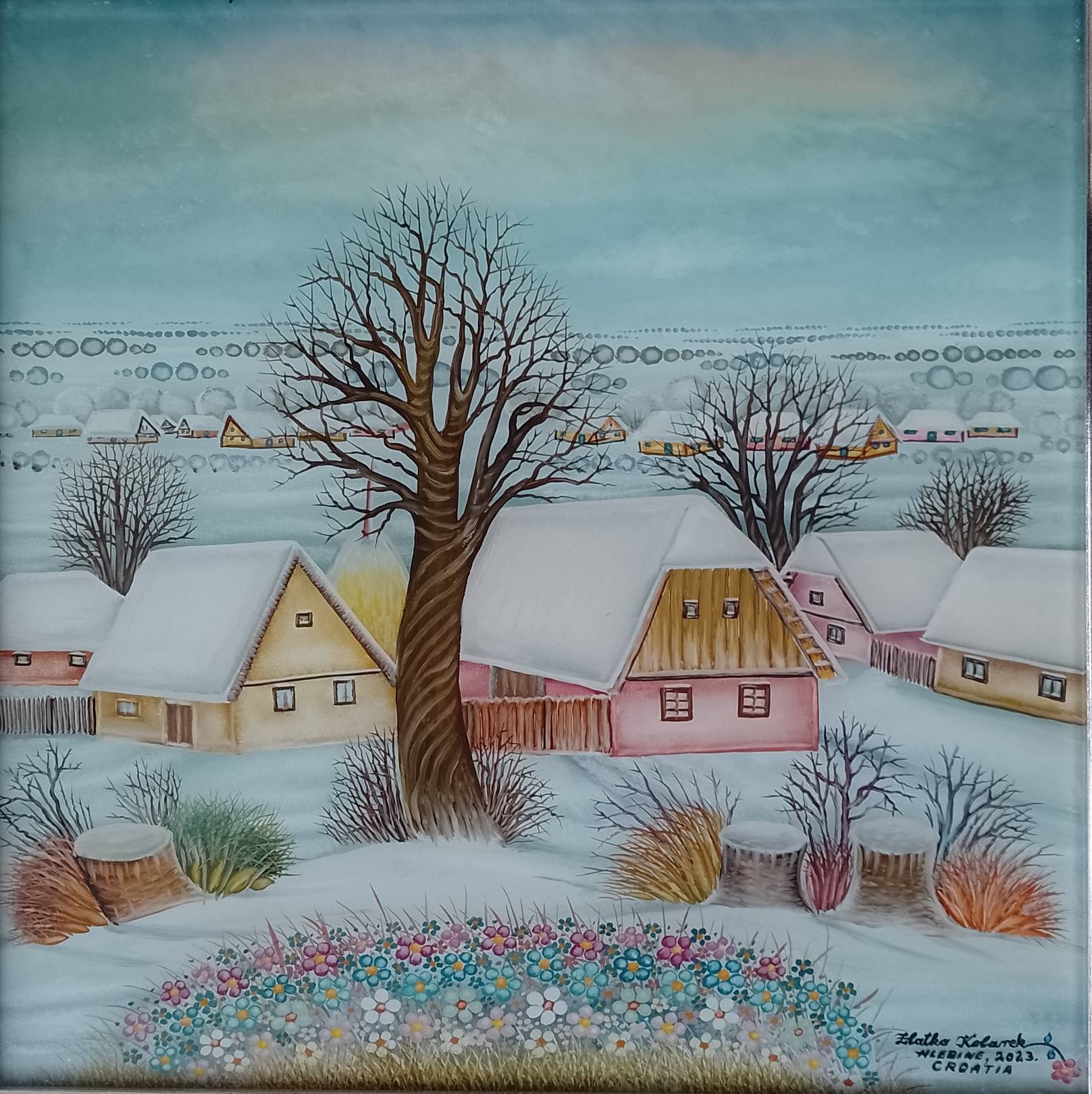 Zlatko Kolarek Bajkovita zima 2023 ulje na staklu 380x380mm