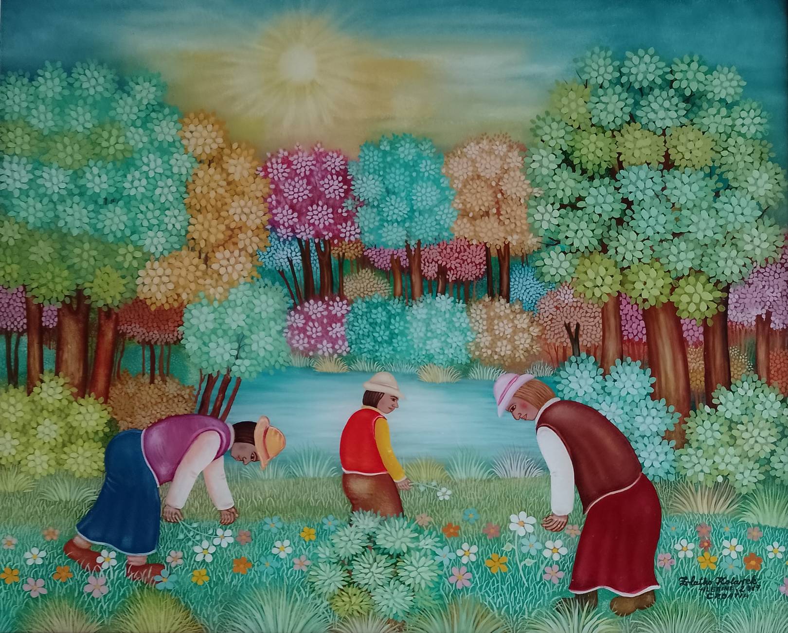 Zlatko Kolarek Djevojke beru cvijece 2017 ulje na staklu 400x500mm