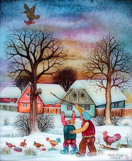 Zlatko Kolarek Jastreb nosi kokos 2009 ulje na staklu 700x500mm