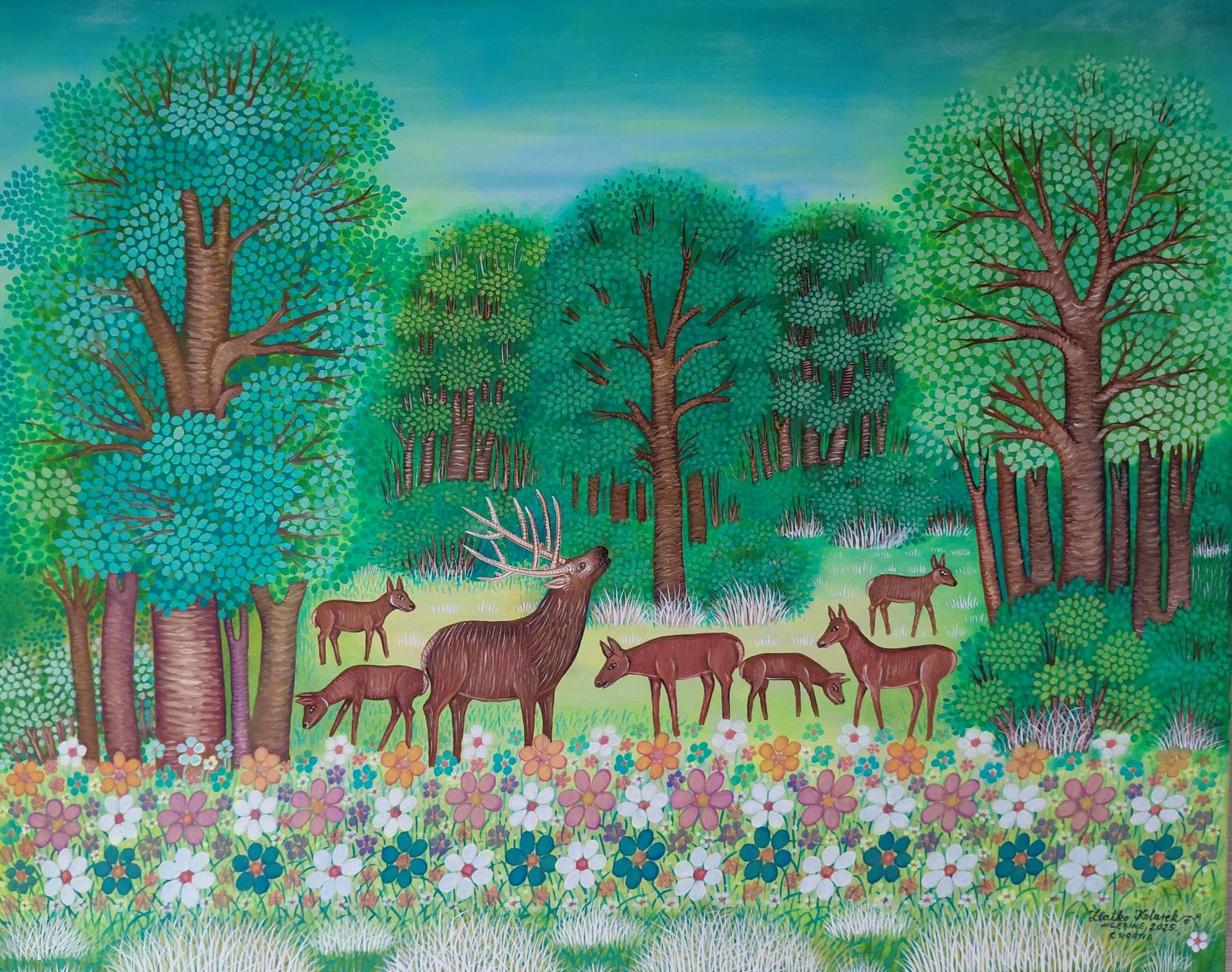 Zlatko Kolarek Jelen i kosute na cvjetnoj livadi 2025 ulje na platnu 800x1000mm