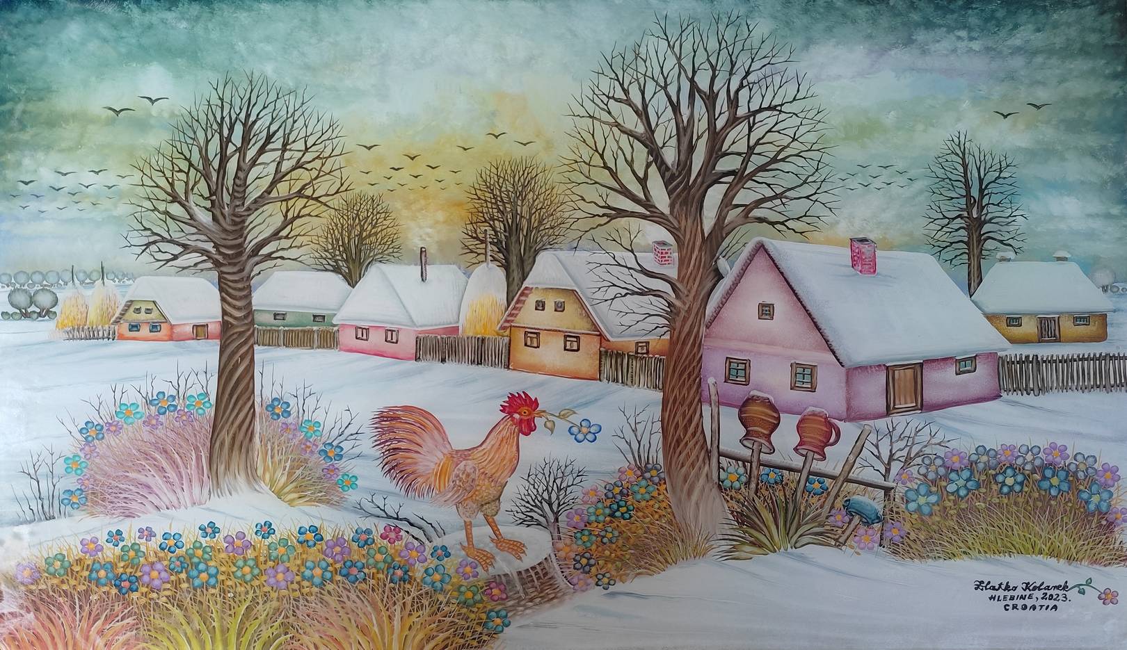 Zlatko Kolarek Pevec med cvetjem 2023 ulje na staklu 400x600mm