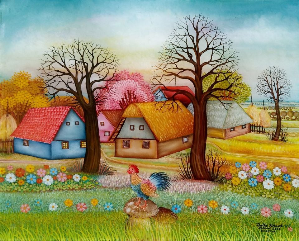 Zlatko Kolarek Pevec na gljivi 2019 ulje na staklu 400x500mm